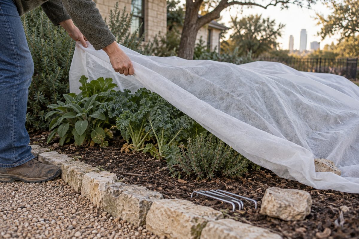 Hands positioning frost cloth over low planting in an existing garden bed.
